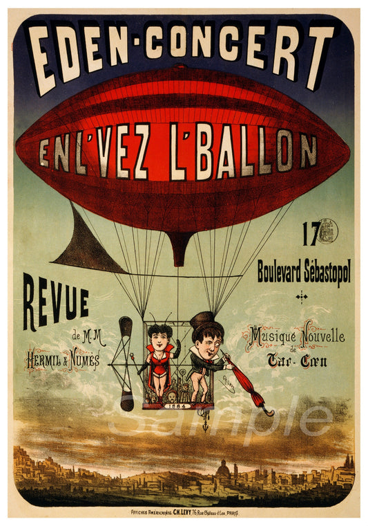 Vintage advertising poster for 'Envie la Balloon' featuring a hot air balloon with two figures inside, against a blue sky background. The text is in a vintage style with red and black accents.