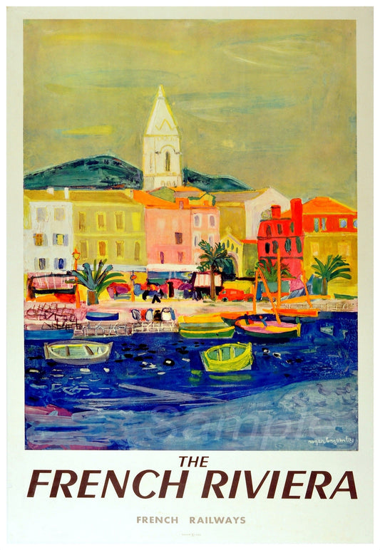 A vintage style railway poster print featuring a colorful illustration of the French Riviera, with a title 'The French Riviera' along with the text 'French Railways'.