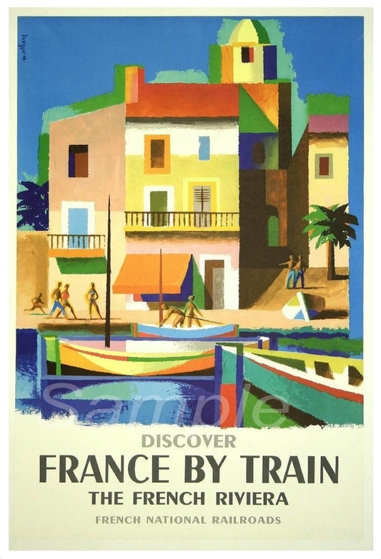 Vintage style travel poster print featuring a colorful illustration of the French Riviera, with a title 'Discover France by Train: The French Riviera' and a mention of 'French National Railroads'.