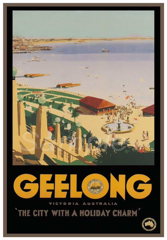Vintage-style travel poster for Geelong, Victoria, Australia, featuring a coastal scene with people and buildings.
