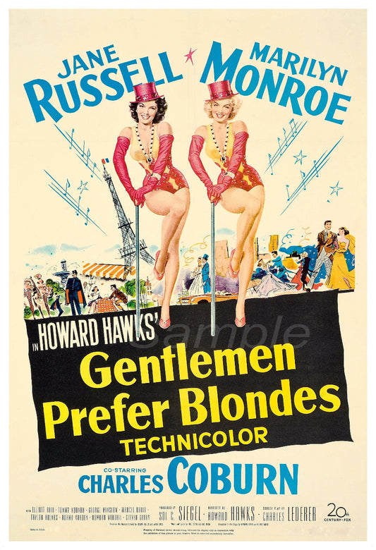 Vintage movie poster featuring Marilyn Monroe and Jane Russell in 'Gentlemen Prefer Blondes'. The poster is multicolored with a black background, and has text and graphics related to the movie.