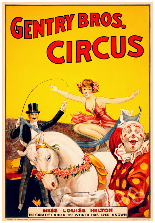 Vintage advertising poster for Gentry Bros Circus featuring a colorful illustration of a performer on a horse, with a backdrop of a circus tent. The poster has a vibrant and retro aesthetic.