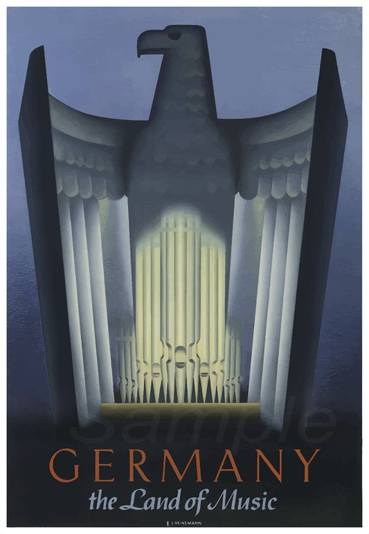 A vintage travel poster featuring a silhouette of a concert hall with a large bird (eagle) on top, and the text 'GERMANY - THE LAND OF MUSIC' at the bottom.