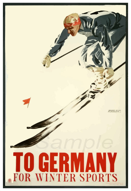Vintage-style advertisement poster for winter sports in Germany featuring a skier.