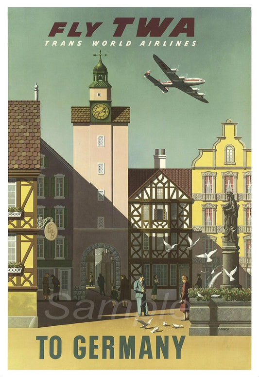 Vintage TWA travel poster for Germany with European architecture and airplane.
