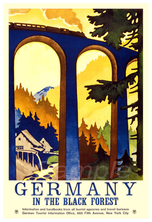 Vintage style travel poster featuring a bridge in a forest landscape with a title 'GERMANY IN THE BLACK FOREST' and various travel information below the bridge.