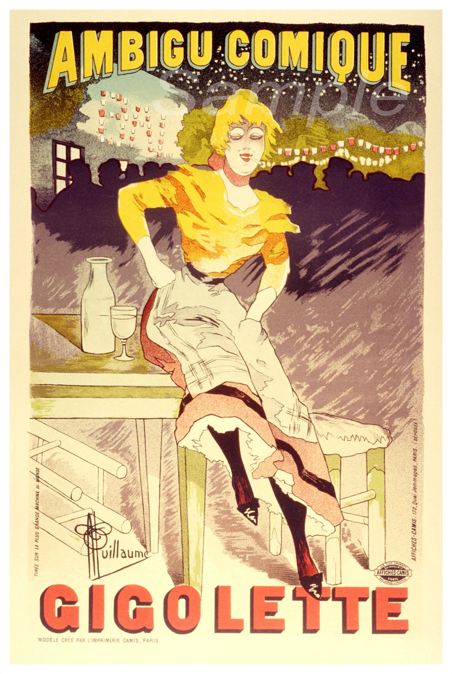 Vintage poster of a woman in a yellow top and white skirt with 'Ambigu Comique' and 'Gigolette' text.
