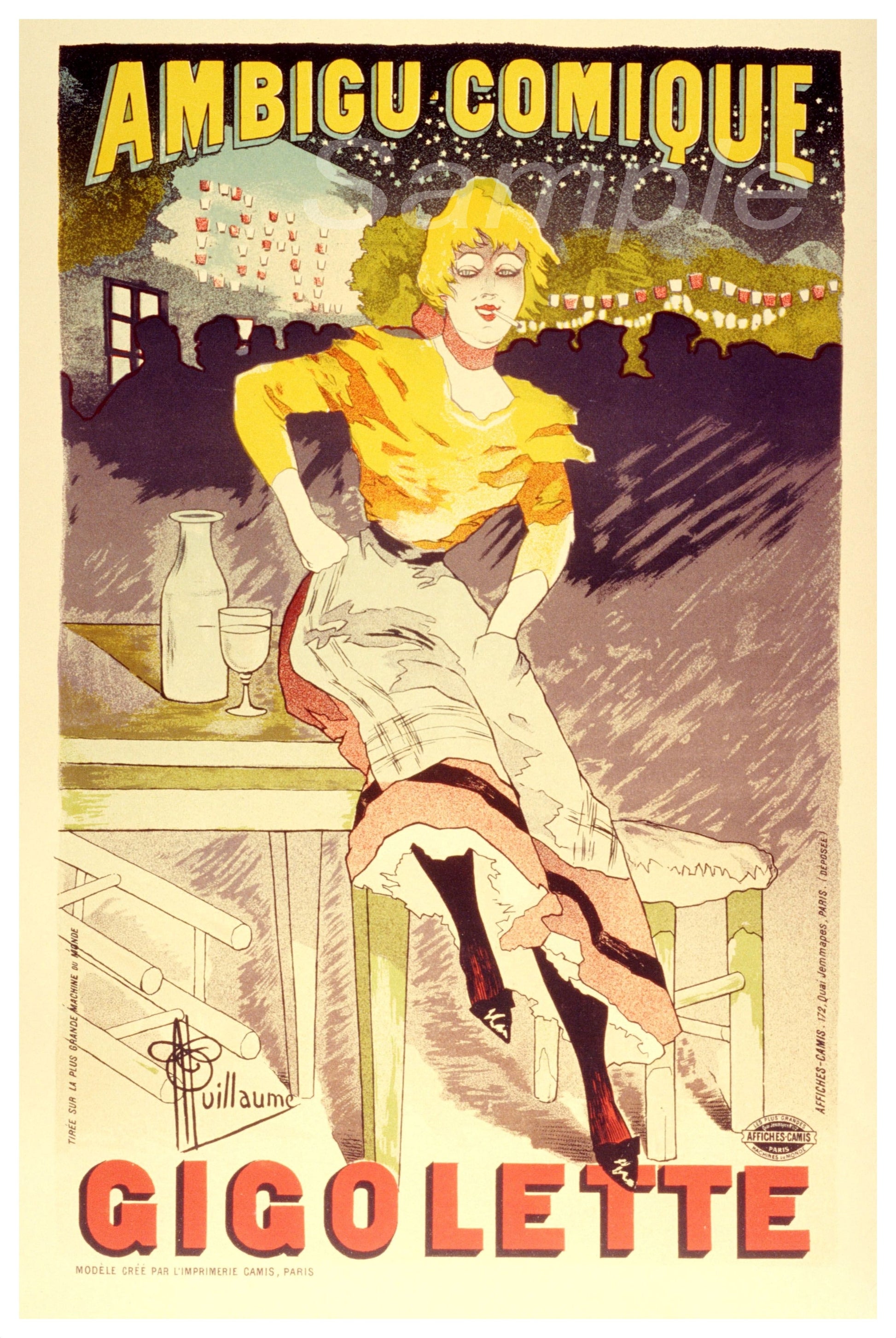 Vintage poster of a woman in a yellow top and white skirt with 'Ambigu Comique' and 'Gigolette' text.