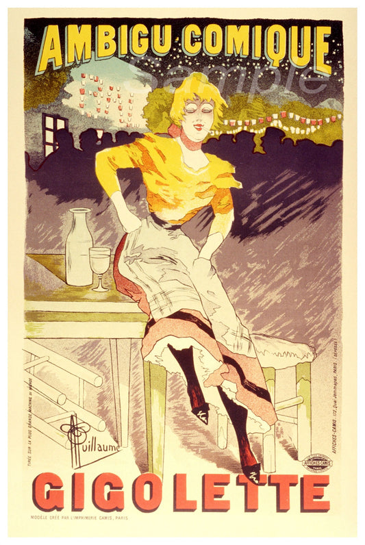 Vintage poster of a woman in a yellow top and white skirt with 'Ambigu Comique' and 'Gigolette' text.