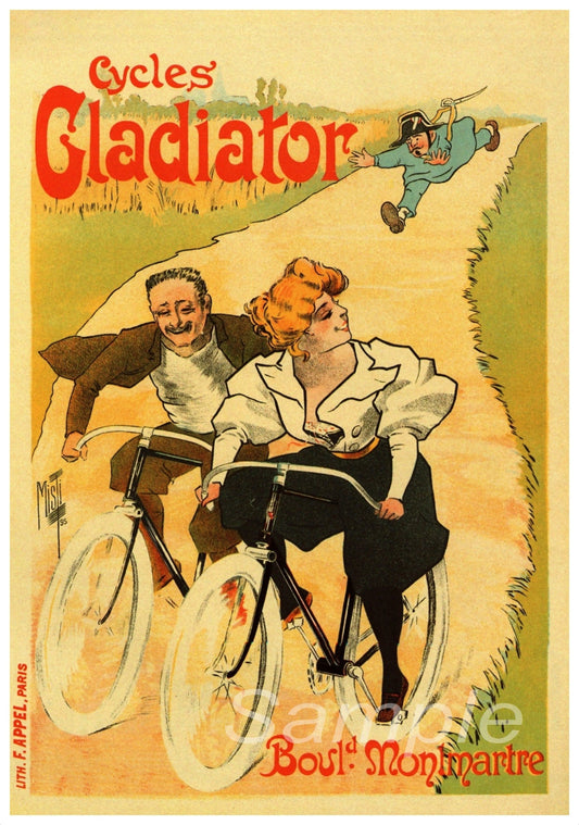 Vintage advertisement poster for Cycles Gladiator featuring a couple on bicycles.