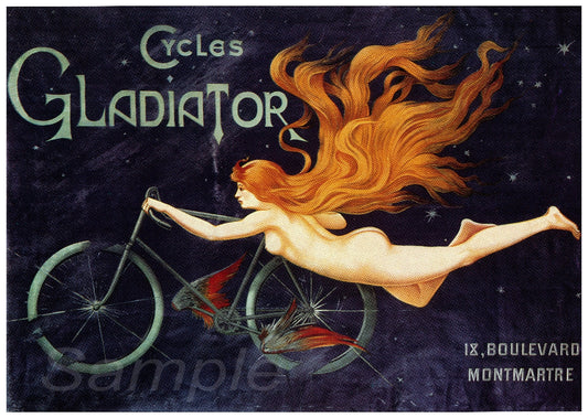 Vintage advertising poster featuring a woman with red hair riding a bicycle, with the text 'Cycles Gladiator' and an address '13 Boulevard Montmartre, Paris'.