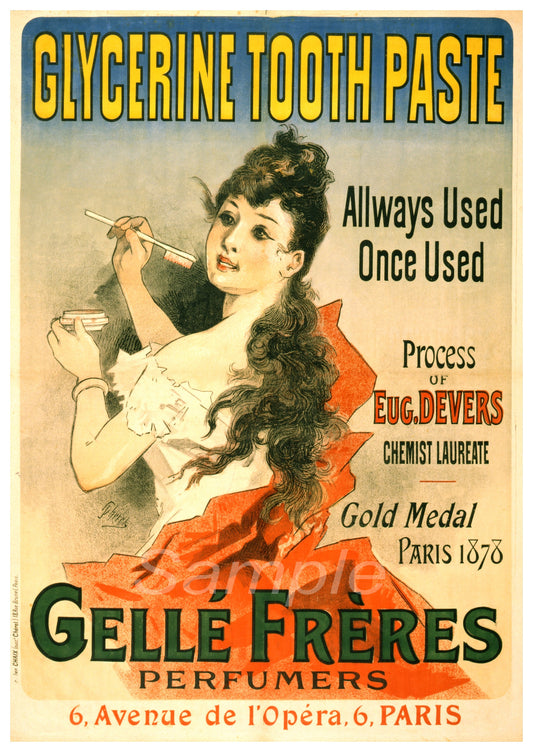 Vintage advertisement for Gellé Frères Glycerine Tooth Paste featuring a woman with a toothbrush.