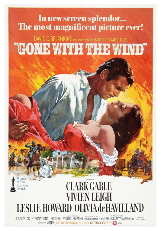 Vintage movie poster for 'Gone with the Wind' featuring a couple embracing with a fiery background.