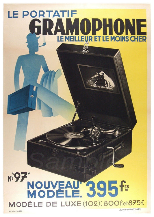 Reproduction of a 1930's gramophone advertising poster, depicting a black gramophone with a record on it, set against a yellow background with text and an illustrated figure.
