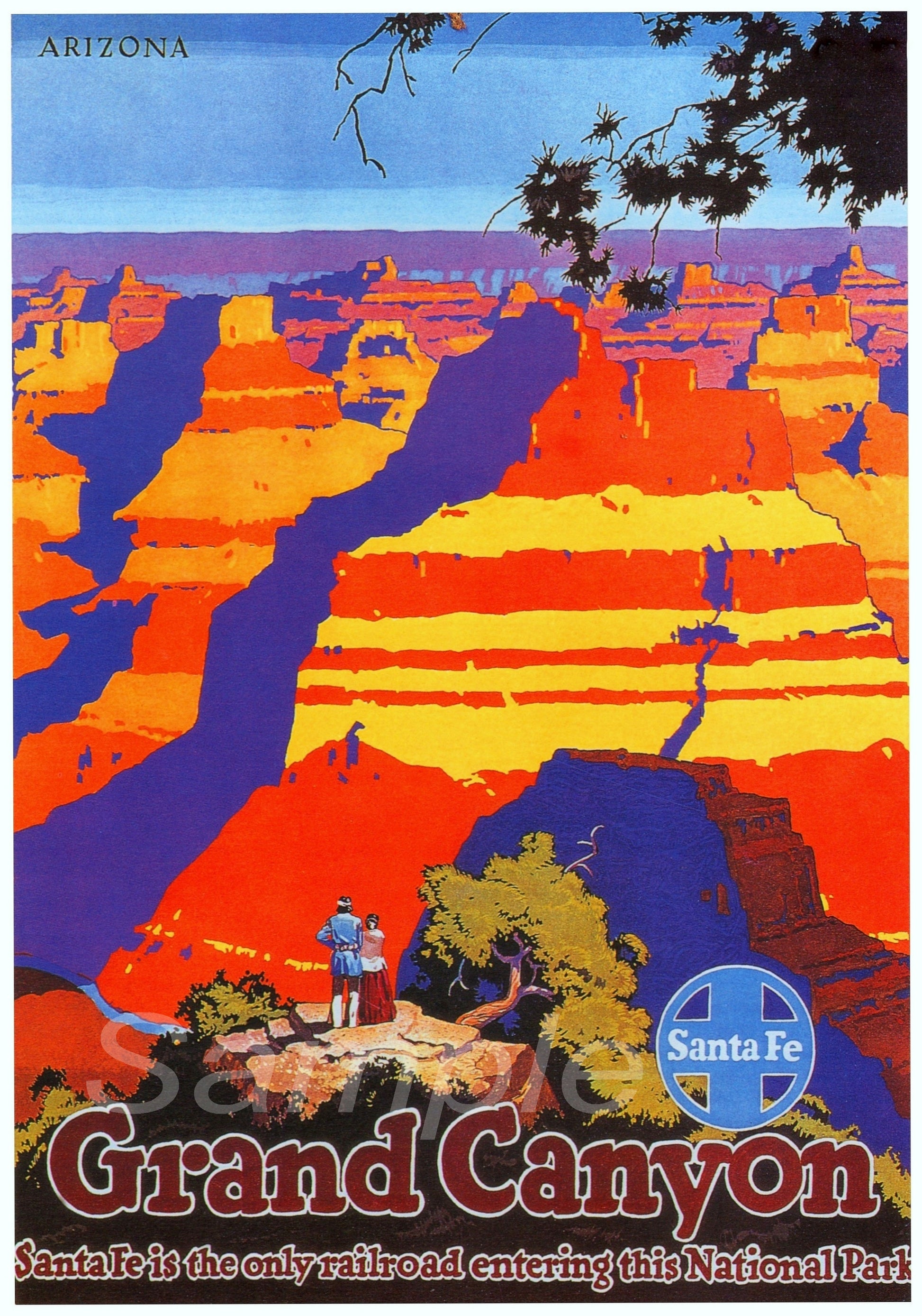 Vintage-style advertisement for the Grand Canyon featuring Santa Fe Railway branding.