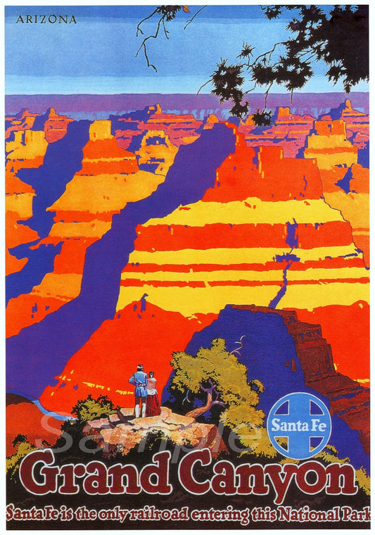 Vintage-style advertisement for the Grand Canyon featuring Santa Fe Railway branding.