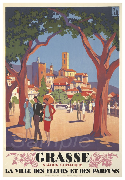 Vintage advertising poster depicting a town square in Grasse, France, with people walking and a view of the mountains in the background, under a blue sky.