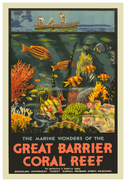 Vintage-style poster of the Great Barrier Reef with underwater scene, fish, and a boat.