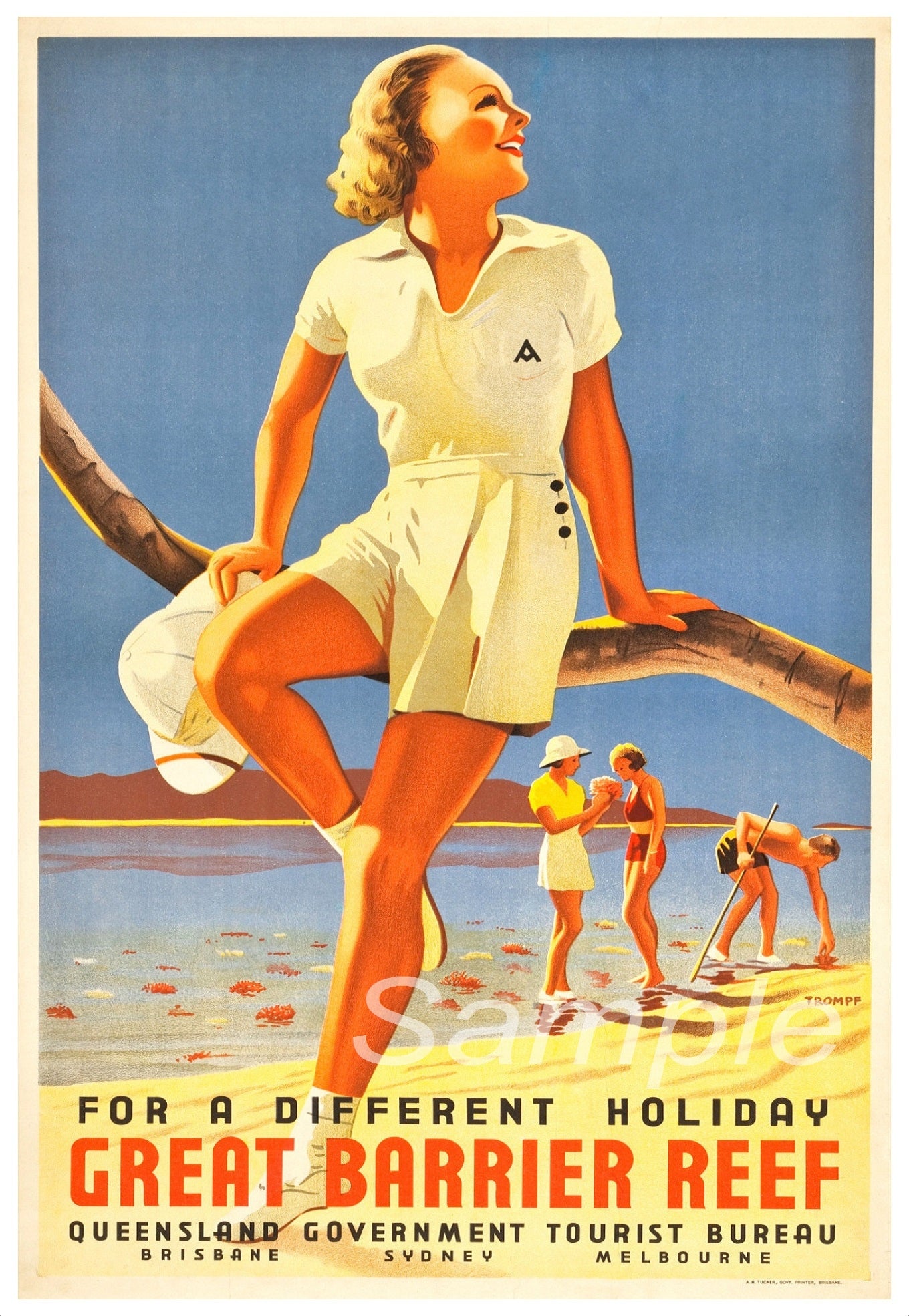 Vintage style travel poster featuring a woman sitting on a branch with the Great Barrier Reef in the background, advertising a different holiday on the reef.