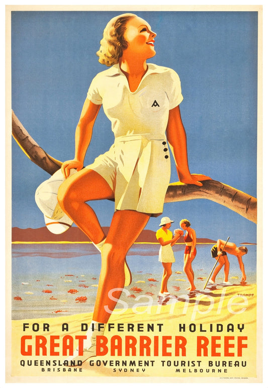 Vintage style travel poster featuring a woman sitting on a branch with the Great Barrier Reef in the background, advertising a different holiday on the reef.