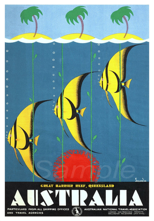 Vintage style travel poster featuring the Great Barrier Reef with a vibrant design including multicolored fish and a blue ocean background, with text and logo at the bottom.