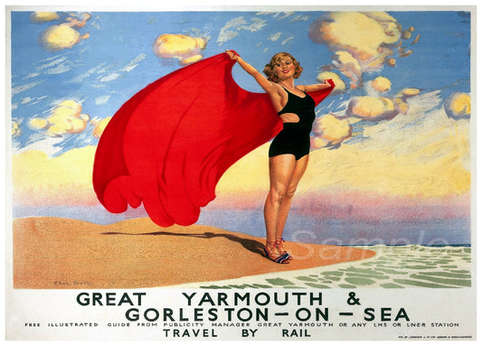 Vintage travel poster featuring a woman in a swimsuit with a red umbrella, against a background of a beach and clear sky, with text advertising Great Yarmouth & Sea, and the logo of the LNER.