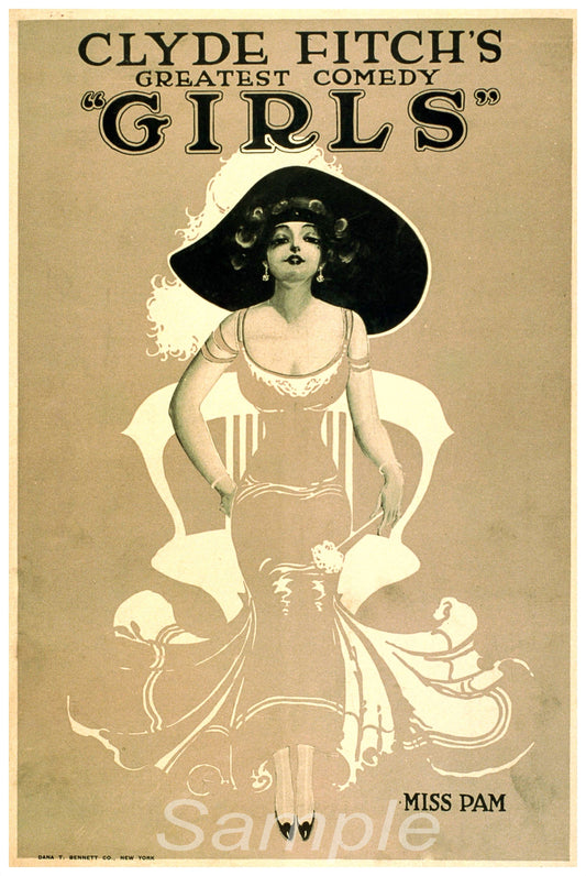 Vintage advertising poster for 'Clyde Fitch's Greatest Comedy Girls' featuring a stylized illustration of a woman in a hat and dress, with theatrical motifs and text.