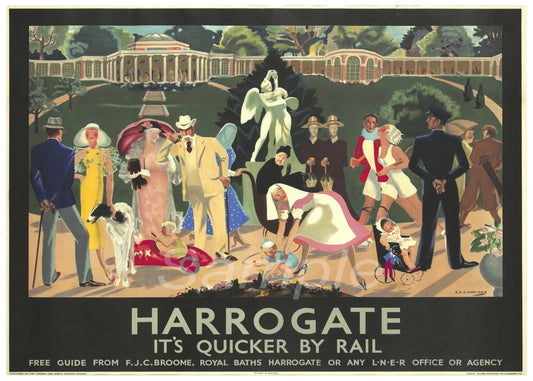 Vintage poster advertising Harrogate, showing a busy scene with people in a park-like setting.