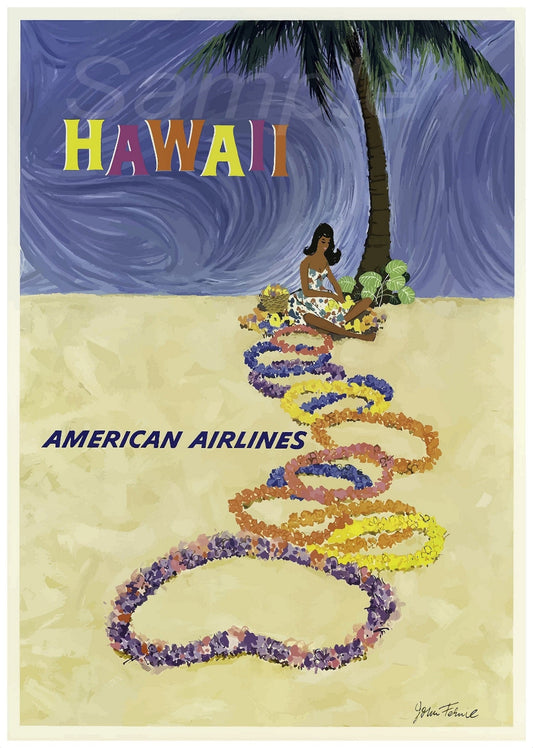 Vintage style travel poster featuring Hawaii with an American Airlines logo, depicting a woman sitting on a beach under palm trees, surrounded by a colorful lei and flower arrangement.