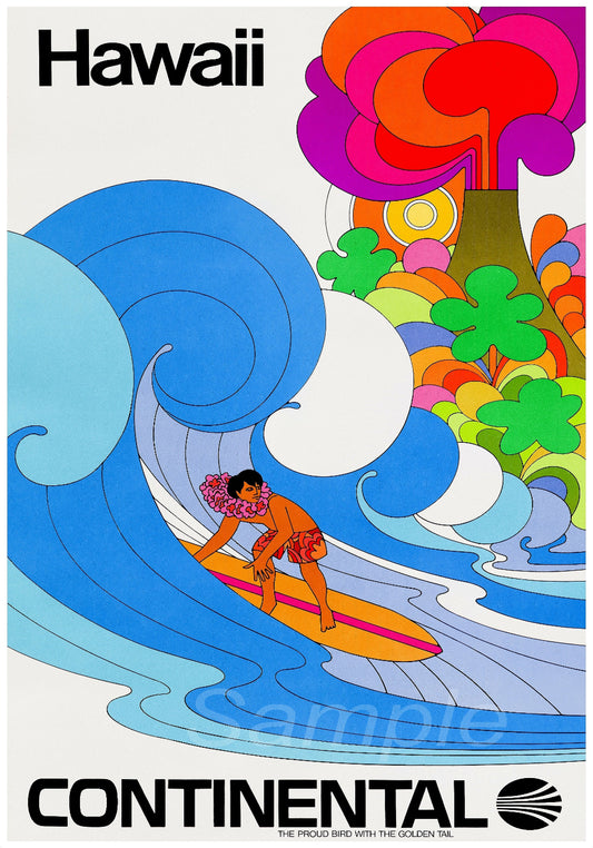 A vibrant vintage style travel poster featuring a surfer on a wave with a colorful sunset and trees in the background, and the text 'HAWAII' above.