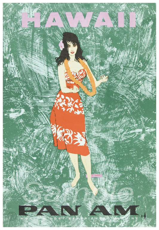 Vintage-style advertisement for Pan Am featuring a woman in a red dress with floral patterns on a green background.