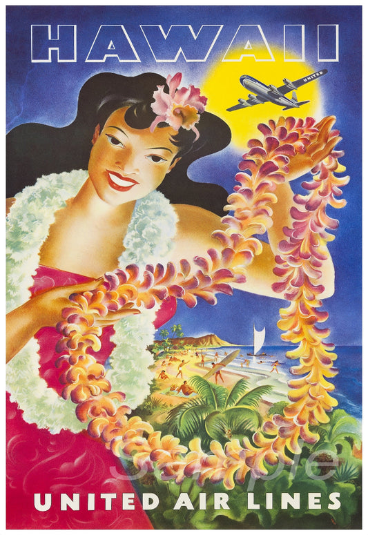 A vintage travel poster for Hawaii United Air Lines featuring an illustration of a woman with a lei, an airplane, and tropical landscape.