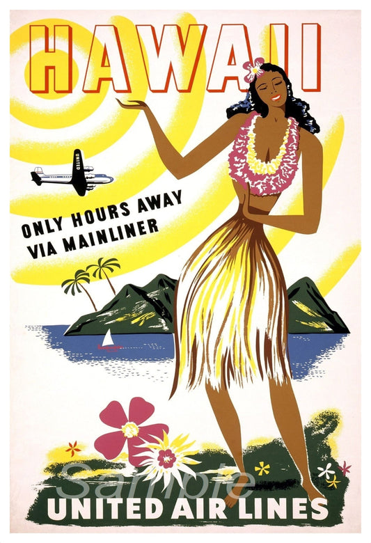 Vintage style travel poster featuring a woman in a Hawaiian lei against a tropical background with palm trees and an airplane, advertising Hawaii United Air Lines.