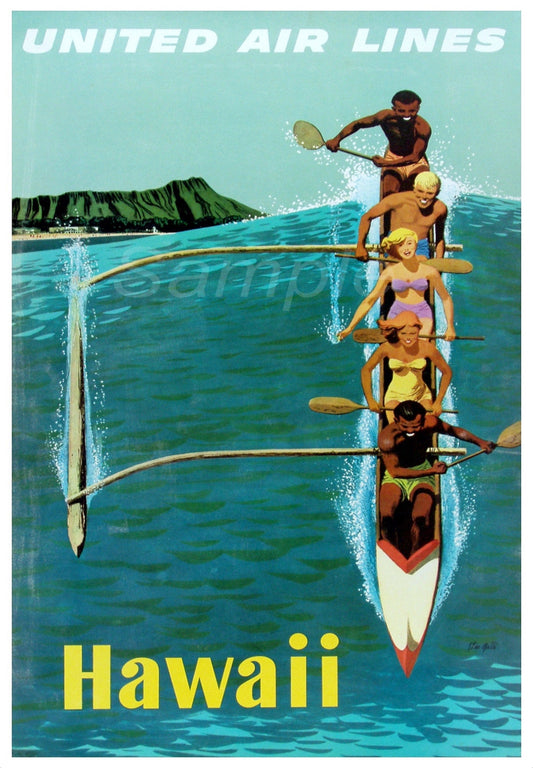 Vintage United Airlines advertisement for Hawaii featuring people in a canoe.