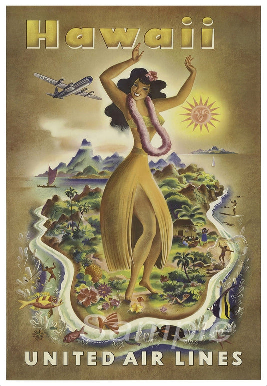 A vintage travel poster print depicting a woman in a traditional Hawaiian outfit with a haku of lei flowers on her head, standing in front of a illustrated background of Hawaiian landscape and the sun.