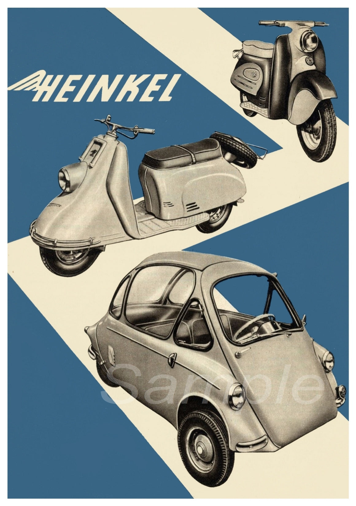 A vintage advertising poster featuring three Heinkel vehicles, including a scooter and a bubble car, against a blue and white geometric patterned background.