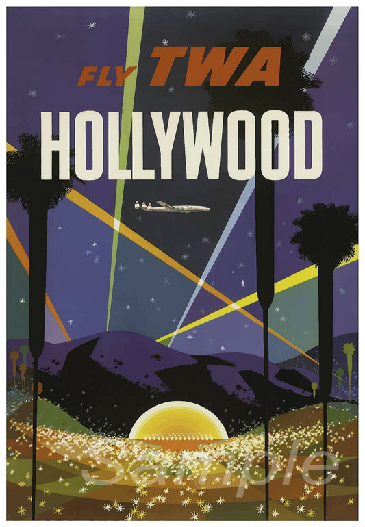 A vintage style travel poster depicting a night scene with palm trees, mountains, and a glowing city, titled 'Fly TWA Hollywood'.