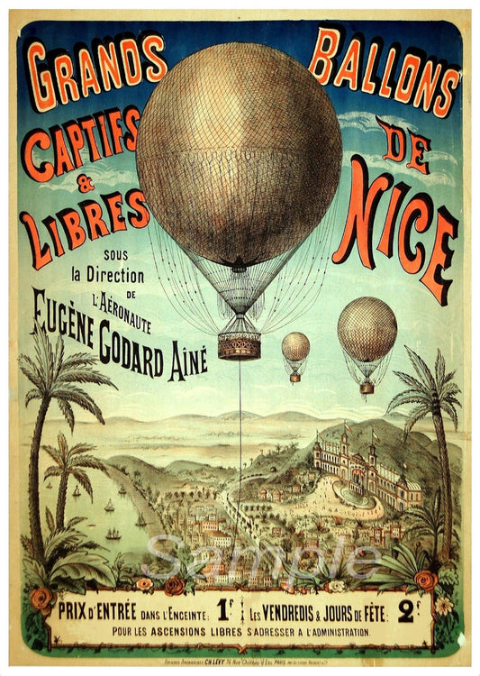 A vintage style poster depicting hot air balloons with a cityscape in the background, titled 'Grands Ballons de Nice', indicating an advertisement for a balloon ride in Nice, France.
