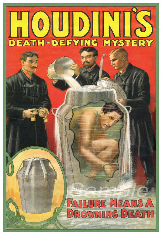 A vintage style poster featuring an illustration of Harry Houdini in a strait jacket, with onlookers in the background. The title 'Houdini's Death-Defying Mystery' is prominently displayed at the top.