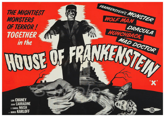 Vintage movie poster for 'House of Frankenstein' featuring a collage of classic monster characters including the Frankenstein monster, Dracula, the Wolf Man, and Mad Doctor in a red-tinted design.