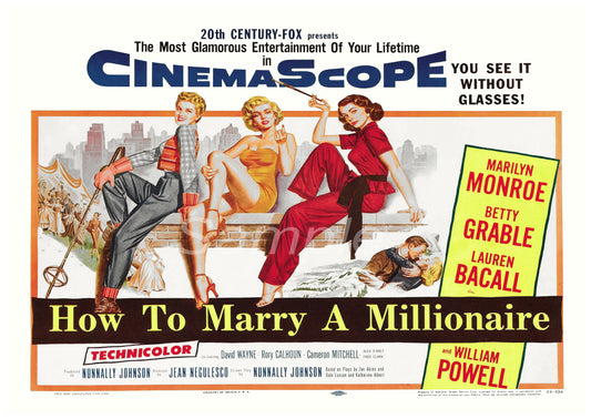 Vintage movie poster for 'How to Marry a Millionaire' featuring Marilyn Monroe, with the text 'Cinemascope' and 'You without glasses!' The poster also includes the names of the stars and the movie title.