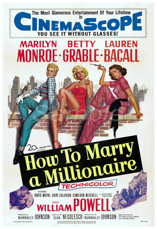 Vintage movie poster featuring Marilyn Monroe and other actresses in a playful pose with the title 'How to Marry a Millionaire' written above.