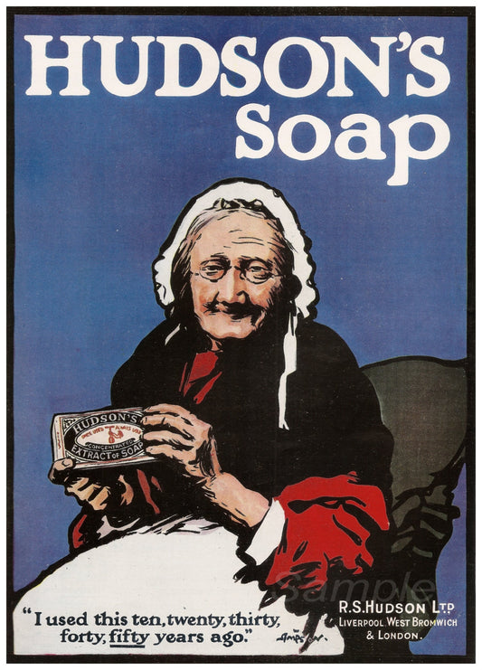 Vintage advertising poster print featuring an illustration of a woman holding a bar of soap, with the text 'Hudson's Soap' above her.