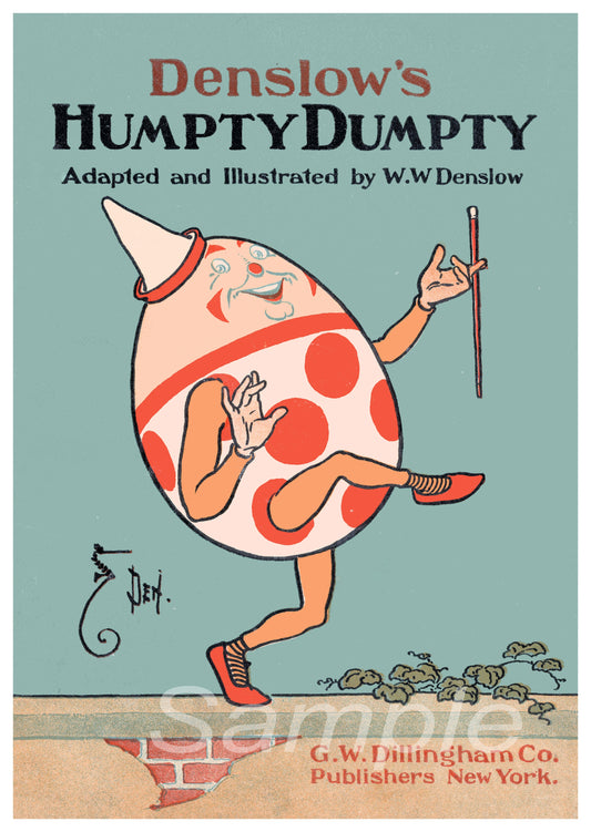 Vintage advertising poster print featuring 'Humpty Dumpty' with an illustrated character in a red and white polka-dot suit on a blue background, holding a wand and a book, with the text 'Denslow's Humpty Dumpty' at the top.