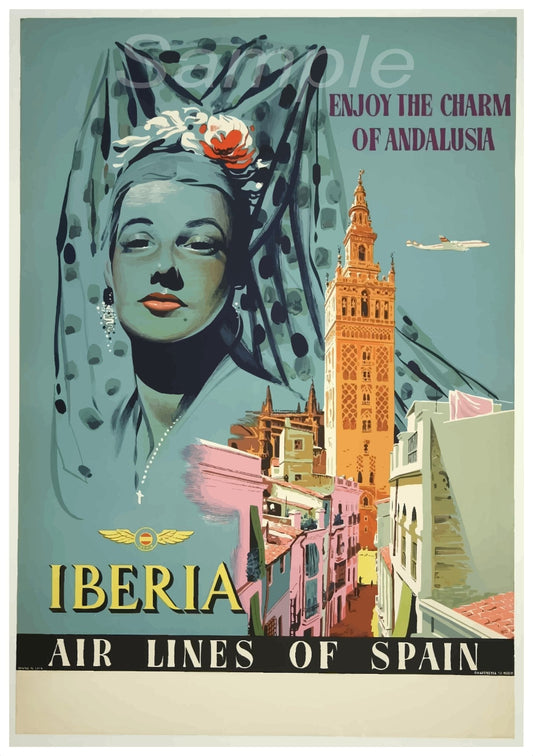 Vintage travel poster featuring Iberia Air Lines of Spain with an illustration of a woman's face, a cityscape, and an airplane.