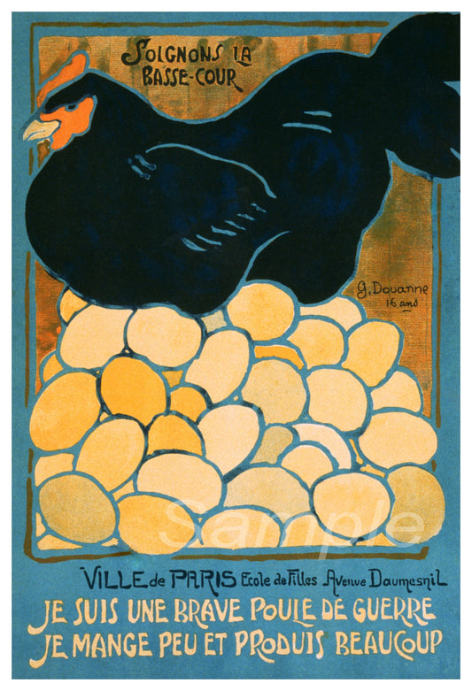 Vintage war poster featuring a black hen sitting on top of a pile of yellow eggs with the text 'J'suis une bâte de guerre' and 'Le Poulet de la BÉte'.