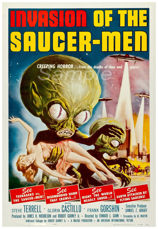 Vintage movie poster for 'Invasion of the Saucer Men' featuring a set design with aliens and a woman in peril, advertising the film's release in 1957.