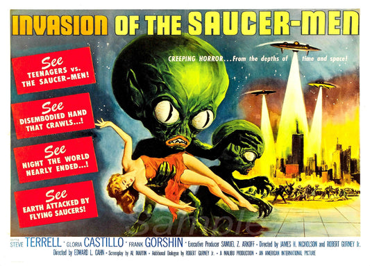 Vintage movie poster for 'Invasion of the Saucer Men' featuring a depiction of a UFO and human characters in a city setting.