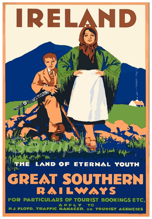 A vintage railway poster featuring a colorful illustration of a man and a woman seated on grass with a background of a train and a title 'IRELAND THE LAND OF ETERNAL YOUTH' along with 'GREAT SOUTHERN RAILWAYS' text.