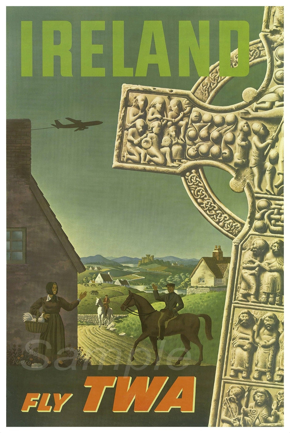 Vintage travel poster featuring an illustration of an Irish countryside scene with a cross, a woman with a horse, and a house in the background, advertising Ireland as a travel destination.